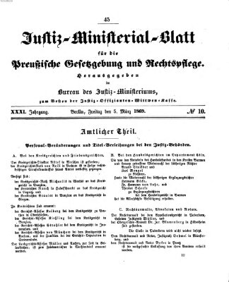 Justiz-Ministerialblatt für die preußische Gesetzgebung und Rechtspflege Freitag 5. März 1869