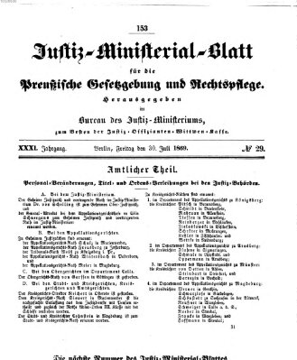 Justiz-Ministerialblatt für die preußische Gesetzgebung und Rechtspflege Freitag 30. Juli 1869