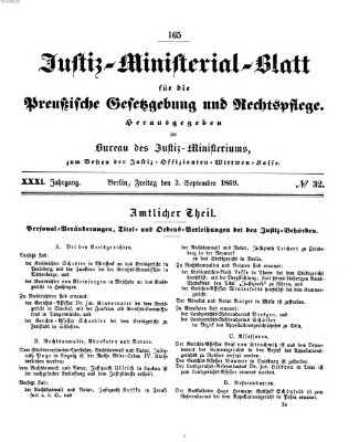 Justiz-Ministerialblatt für die preußische Gesetzgebung und Rechtspflege Freitag 3. September 1869