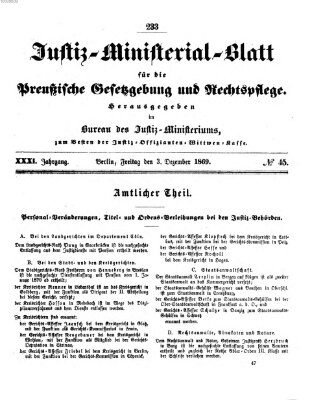 Justiz-Ministerialblatt für die preußische Gesetzgebung und Rechtspflege Freitag 3. Dezember 1869