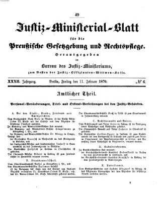 Justiz-Ministerialblatt für die preußische Gesetzgebung und Rechtspflege Freitag 11. Februar 1870