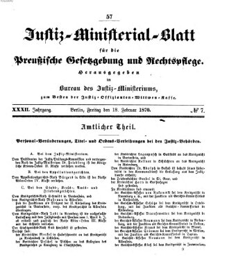 Justiz-Ministerialblatt für die preußische Gesetzgebung und Rechtspflege Freitag 18. Februar 1870