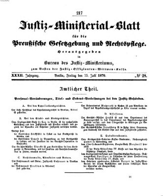 Justiz-Ministerialblatt für die preußische Gesetzgebung und Rechtspflege Freitag 15. Juli 1870