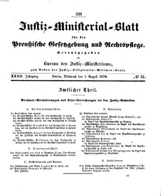 Justiz-Ministerialblatt für die preußische Gesetzgebung und Rechtspflege Mittwoch 3. August 1870