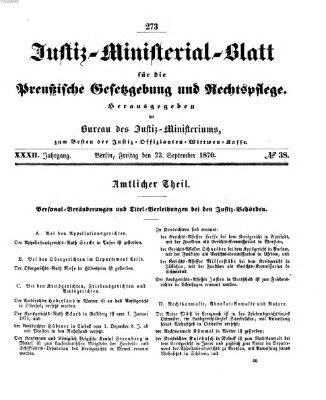 Justiz-Ministerialblatt für die preußische Gesetzgebung und Rechtspflege Freitag 23. September 1870