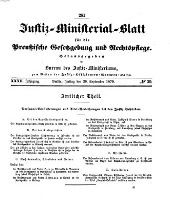 Justiz-Ministerialblatt für die preußische Gesetzgebung und Rechtspflege Freitag 30. September 1870