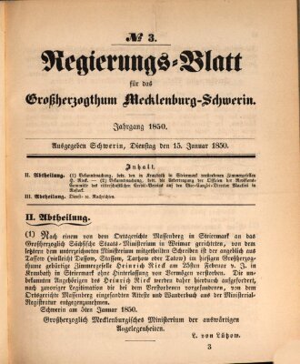 Regierungsblatt für Mecklenburg-Schwerin (Großherzoglich-Mecklenburg-Schwerinsches officielles Wochenblatt) Dienstag 15. Januar 1850