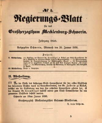 Regierungsblatt für Mecklenburg-Schwerin (Großherzoglich-Mecklenburg-Schwerinsches officielles Wochenblatt) Mittwoch 30. Januar 1850