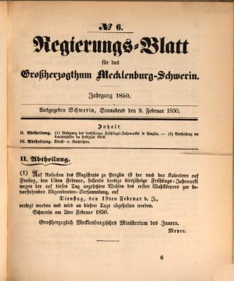 Regierungsblatt für Mecklenburg-Schwerin (Großherzoglich-Mecklenburg-Schwerinsches officielles Wochenblatt) Samstag 9. Februar 1850