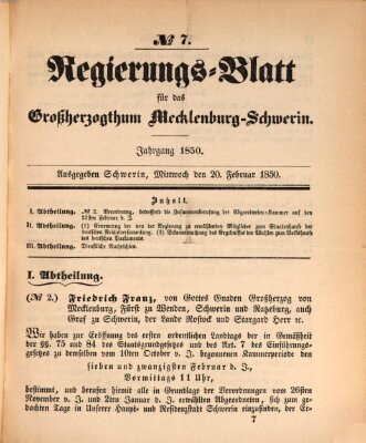 Regierungsblatt für Mecklenburg-Schwerin (Großherzoglich-Mecklenburg-Schwerinsches officielles Wochenblatt) Mittwoch 20. Februar 1850