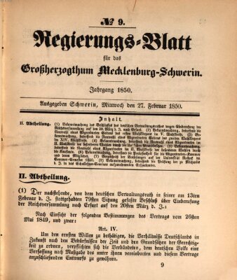 Regierungsblatt für Mecklenburg-Schwerin (Großherzoglich-Mecklenburg-Schwerinsches officielles Wochenblatt) Mittwoch 27. Februar 1850