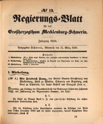 Regierungsblatt für Mecklenburg-Schwerin (Großherzoglich-Mecklenburg-Schwerinsches officielles Wochenblatt) Mittwoch 27. März 1850