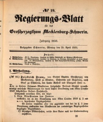 Regierungsblatt für Mecklenburg-Schwerin (Großherzoglich-Mecklenburg-Schwerinsches officielles Wochenblatt) Montag 29. April 1850