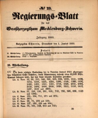 Regierungsblatt für Mecklenburg-Schwerin (Großherzoglich-Mecklenburg-Schwerinsches officielles Wochenblatt) Samstag 1. Juni 1850