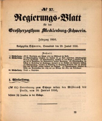 Regierungsblatt für Mecklenburg-Schwerin (Großherzoglich-Mecklenburg-Schwerinsches officielles Wochenblatt) Samstag 29. Juni 1850