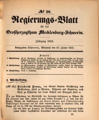 Regierungsblatt für Mecklenburg-Schwerin (Großherzoglich-Mecklenburg-Schwerinsches officielles Wochenblatt) Mittwoch 10. Juli 1850