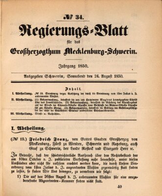 Regierungsblatt für Mecklenburg-Schwerin (Großherzoglich-Mecklenburg-Schwerinsches officielles Wochenblatt) Samstag 24. August 1850