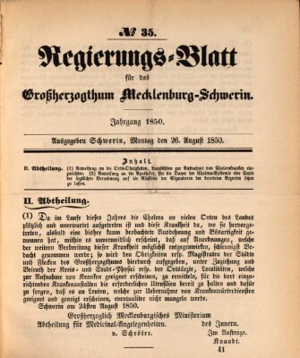 Regierungsblatt für Mecklenburg-Schwerin (Großherzoglich-Mecklenburg-Schwerinsches officielles Wochenblatt) Montag 26. August 1850