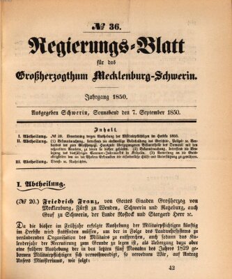 Regierungsblatt für Mecklenburg-Schwerin (Großherzoglich-Mecklenburg-Schwerinsches officielles Wochenblatt) Samstag 7. September 1850