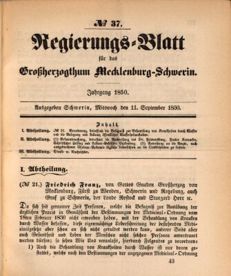 Regierungsblatt für Mecklenburg-Schwerin (Großherzoglich-Mecklenburg-Schwerinsches officielles Wochenblatt) Mittwoch 11. September 1850