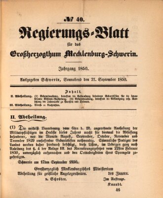 Regierungsblatt für Mecklenburg-Schwerin (Großherzoglich-Mecklenburg-Schwerinsches officielles Wochenblatt) Samstag 21. September 1850