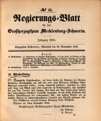 Regierungsblatt für Mecklenburg-Schwerin (Großherzoglich-Mecklenburg-Schwerinsches officielles Wochenblatt) Mittwoch 25. September 1850