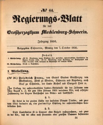 Regierungsblatt für Mecklenburg-Schwerin (Großherzoglich-Mecklenburg-Schwerinsches officielles Wochenblatt) Montag 7. Oktober 1850