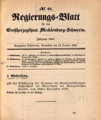 Regierungsblatt für Mecklenburg-Schwerin (Großherzoglich-Mecklenburg-Schwerinsches officielles Wochenblatt) Samstag 19. Oktober 1850