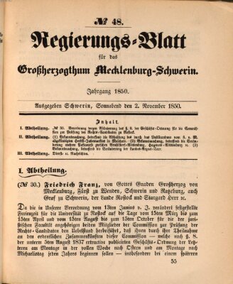 Regierungsblatt für Mecklenburg-Schwerin (Großherzoglich-Mecklenburg-Schwerinsches officielles Wochenblatt) Samstag 2. November 1850