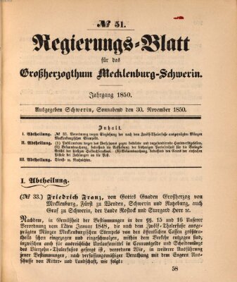 Regierungsblatt für Mecklenburg-Schwerin (Großherzoglich-Mecklenburg-Schwerinsches officielles Wochenblatt) Samstag 30. November 1850