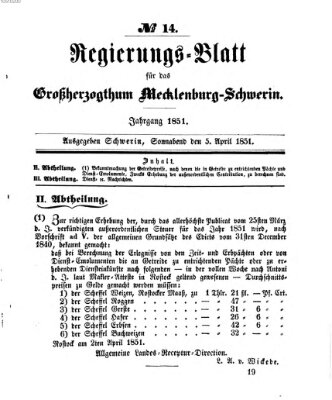 Regierungsblatt für Mecklenburg-Schwerin (Großherzoglich-Mecklenburg-Schwerinsches officielles Wochenblatt) Samstag 5. April 1851