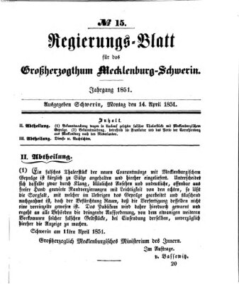 Regierungsblatt für Mecklenburg-Schwerin (Großherzoglich-Mecklenburg-Schwerinsches officielles Wochenblatt) Montag 14. April 1851