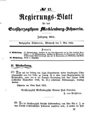 Regierungsblatt für Mecklenburg-Schwerin (Großherzoglich-Mecklenburg-Schwerinsches officielles Wochenblatt) Mittwoch 7. Mai 1851