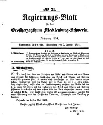 Regierungsblatt für Mecklenburg-Schwerin (Großherzoglich-Mecklenburg-Schwerinsches officielles Wochenblatt) Samstag 7. Juni 1851