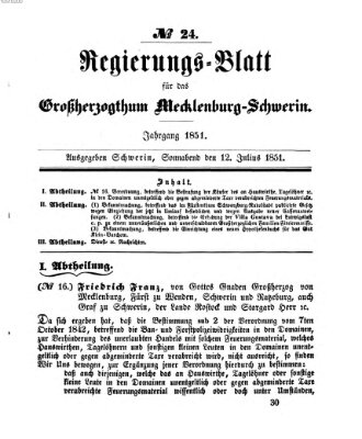 Regierungsblatt für Mecklenburg-Schwerin (Großherzoglich-Mecklenburg-Schwerinsches officielles Wochenblatt) Samstag 12. Juli 1851