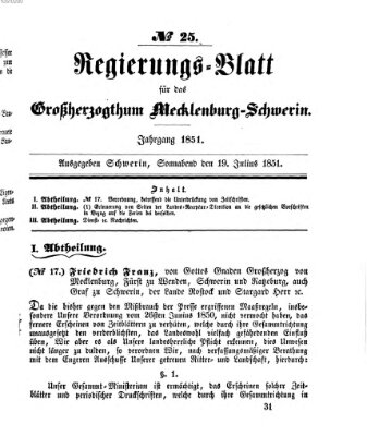 Regierungsblatt für Mecklenburg-Schwerin (Großherzoglich-Mecklenburg-Schwerinsches officielles Wochenblatt) Samstag 19. Juli 1851