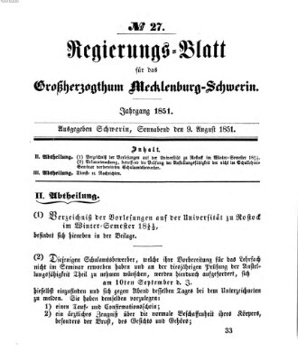 Regierungsblatt für Mecklenburg-Schwerin (Großherzoglich-Mecklenburg-Schwerinsches officielles Wochenblatt) Samstag 9. August 1851