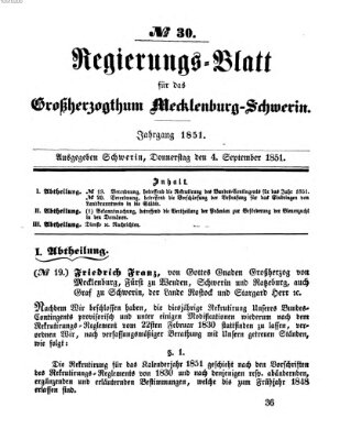 Regierungsblatt für Mecklenburg-Schwerin (Großherzoglich-Mecklenburg-Schwerinsches officielles Wochenblatt) Donnerstag 4. September 1851