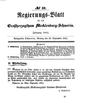 Regierungsblatt für Mecklenburg-Schwerin (Großherzoglich-Mecklenburg-Schwerinsches officielles Wochenblatt) Montag 29. September 1851