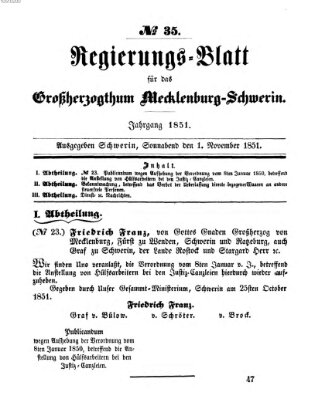 Regierungsblatt für Mecklenburg-Schwerin (Großherzoglich-Mecklenburg-Schwerinsches officielles Wochenblatt) Samstag 1. November 1851