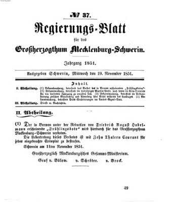 Regierungsblatt für Mecklenburg-Schwerin (Großherzoglich-Mecklenburg-Schwerinsches officielles Wochenblatt) Mittwoch 19. November 1851