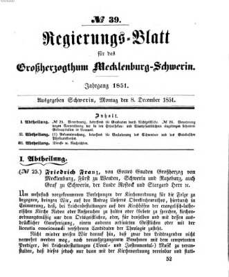 Regierungsblatt für Mecklenburg-Schwerin (Großherzoglich-Mecklenburg-Schwerinsches officielles Wochenblatt) Montag 8. Dezember 1851