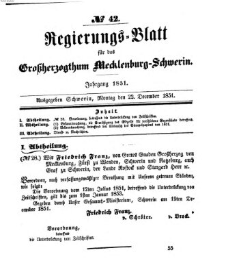 Regierungsblatt für Mecklenburg-Schwerin (Großherzoglich-Mecklenburg-Schwerinsches officielles Wochenblatt) Montag 22. Dezember 1851