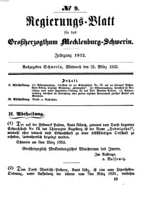 Regierungsblatt für Mecklenburg-Schwerin (Großherzoglich-Mecklenburg-Schwerinsches officielles Wochenblatt) Mittwoch 31. März 1852