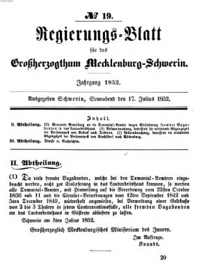 Regierungsblatt für Mecklenburg-Schwerin (Großherzoglich-Mecklenburg-Schwerinsches officielles Wochenblatt) Samstag 17. Juli 1852