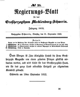 Regierungsblatt für Mecklenburg-Schwerin (Großherzoglich-Mecklenburg-Schwerinsches officielles Wochenblatt) Dienstag 21. September 1852