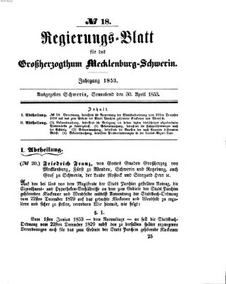 Regierungsblatt für Mecklenburg-Schwerin (Großherzoglich-Mecklenburg-Schwerinsches officielles Wochenblatt) Samstag 30. April 1853