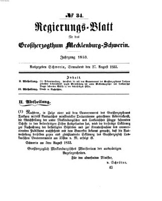 Regierungsblatt für Mecklenburg-Schwerin (Großherzoglich-Mecklenburg-Schwerinsches officielles Wochenblatt) Samstag 27. August 1853