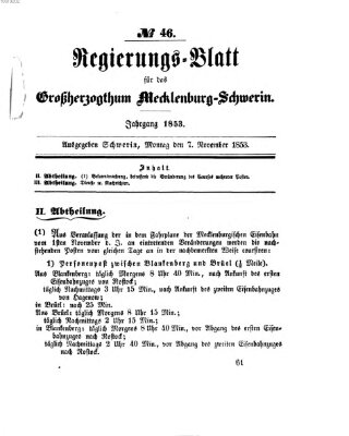 Regierungsblatt für Mecklenburg-Schwerin (Großherzoglich-Mecklenburg-Schwerinsches officielles Wochenblatt) Montag 7. November 1853