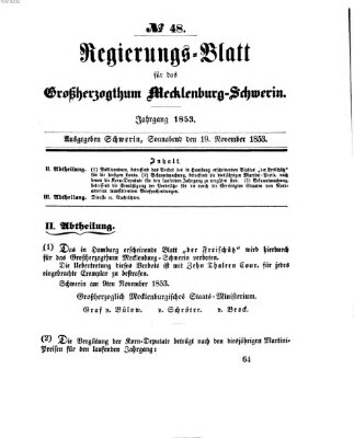 Regierungsblatt für Mecklenburg-Schwerin (Großherzoglich-Mecklenburg-Schwerinsches officielles Wochenblatt) Samstag 19. November 1853